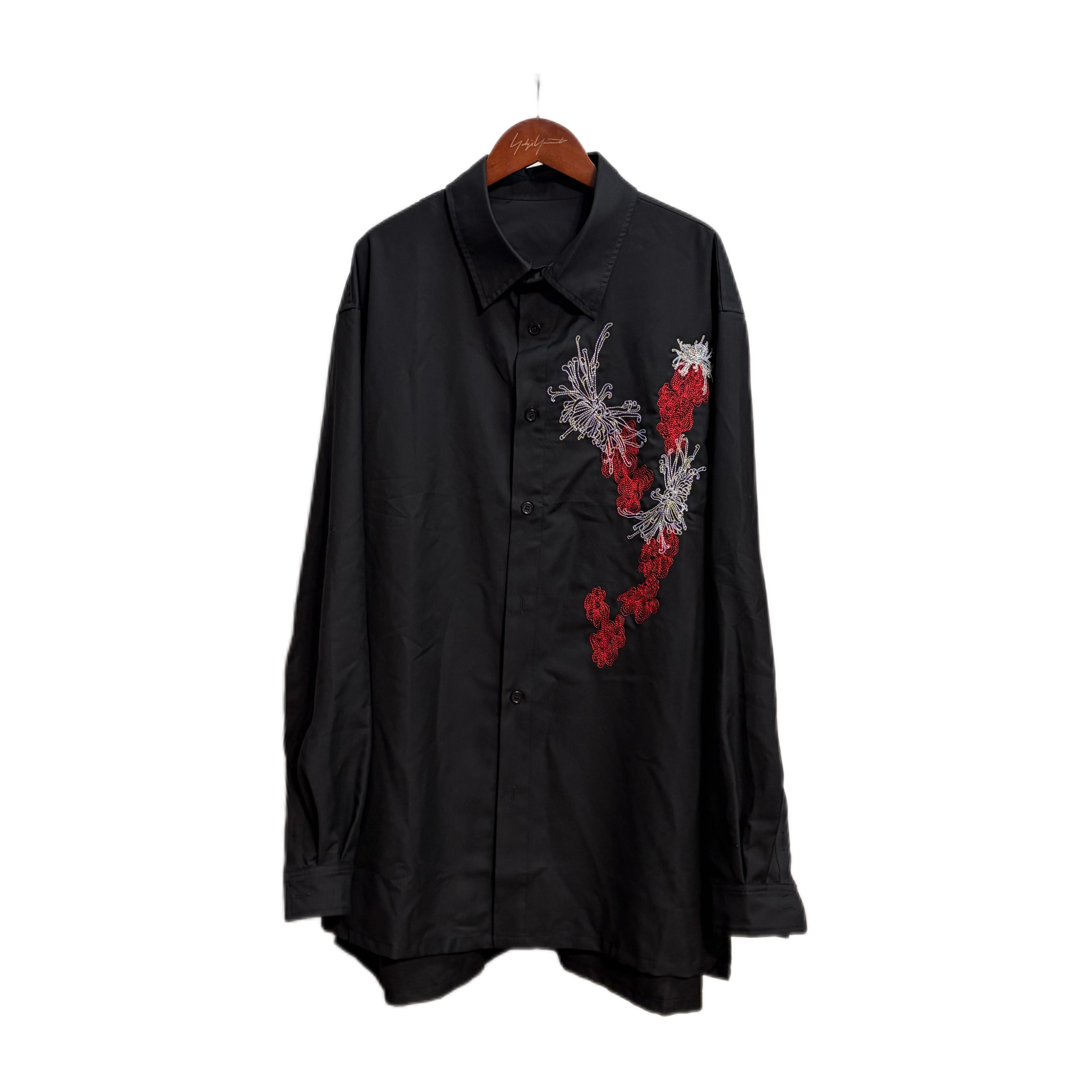 Line's own yohji Yamamoto dark style chrysanthemum embroidery silk-cotton blend long shirt trench coat