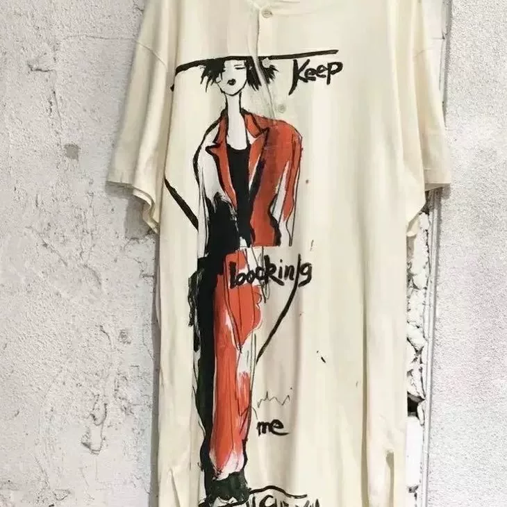 Стиль Йодзи Ямамото 17SS независимый Асукара Юка ручная роспись принта Henry воротник короткие рукава внутри футболка