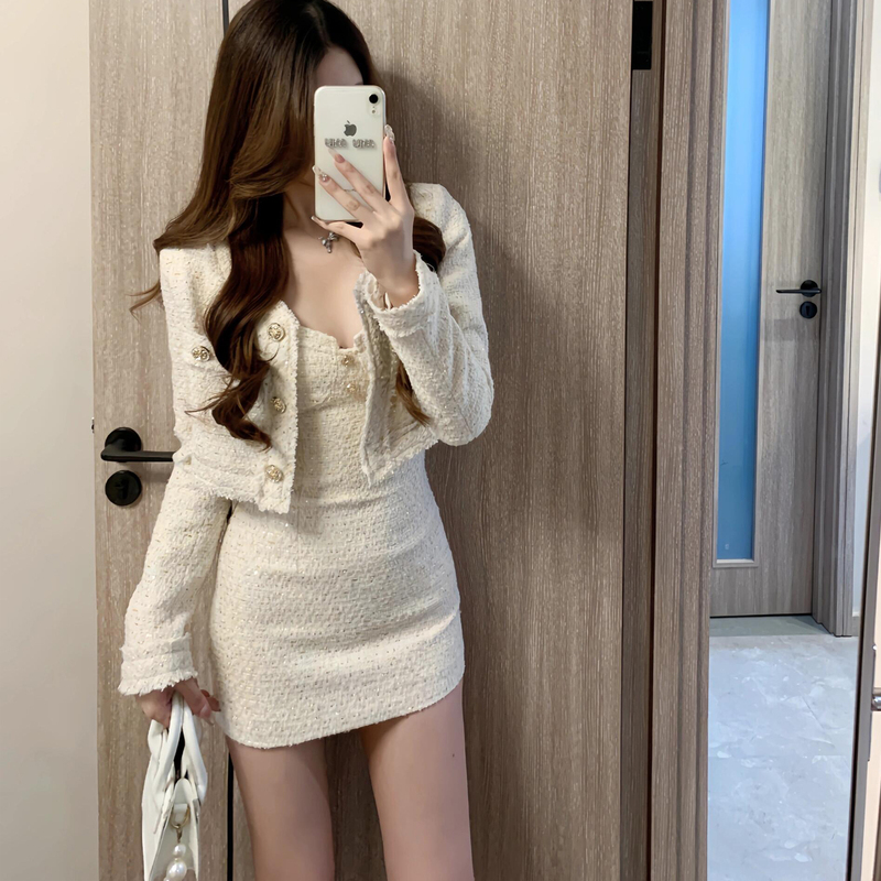 Rich Girl's Chanel-Style Suit for Women, Spring Elegant Socialite Light Luxury Tweed Jacket and Bodycon Slip Dress Two-Piece Set