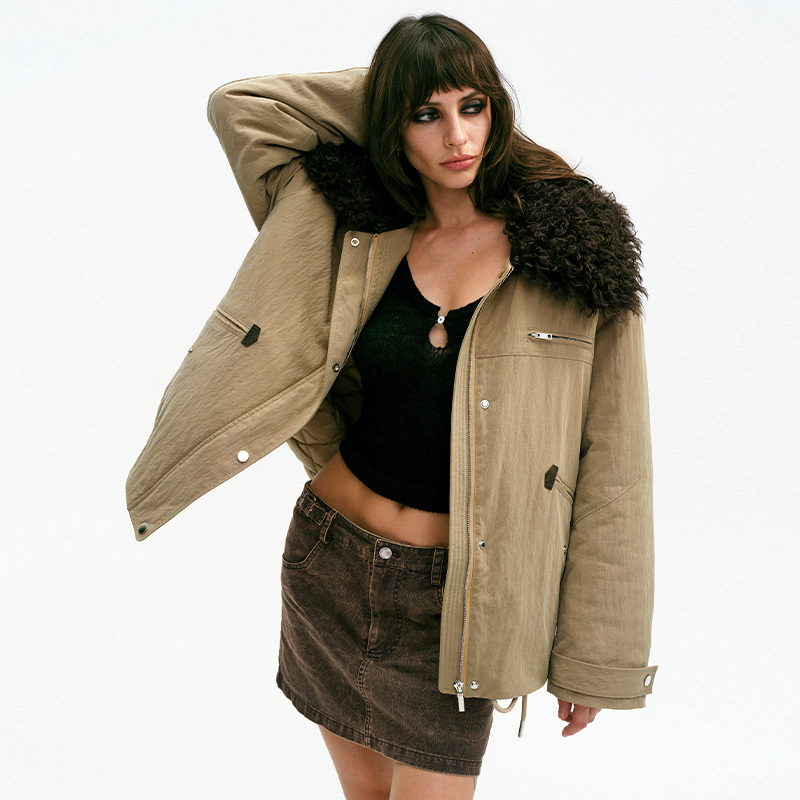 Tr She's Hot City Roaming Khaki Detachable Fur Collar Vintage Cotton Padded Warm Parka Coat