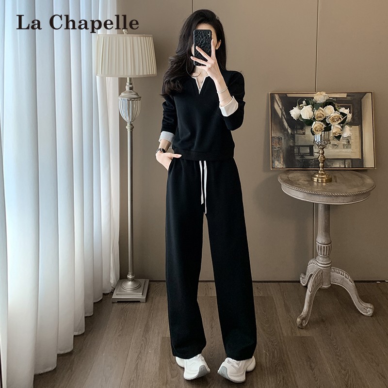 La Chapelle Brand V-Neck Long-Sleeve Wide-Leg Pants Fashion Suit for Women, Spring and Autumn, High-End, Age-Reducing Outfit Set