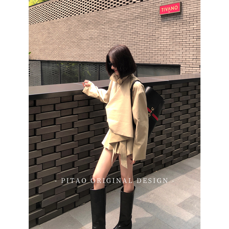 Dubaipipao Original Design'Hajiyama Koyori' British Style Commuter Stand-Up Collar Trench Coat and Shorts Two-Piece Set for Women