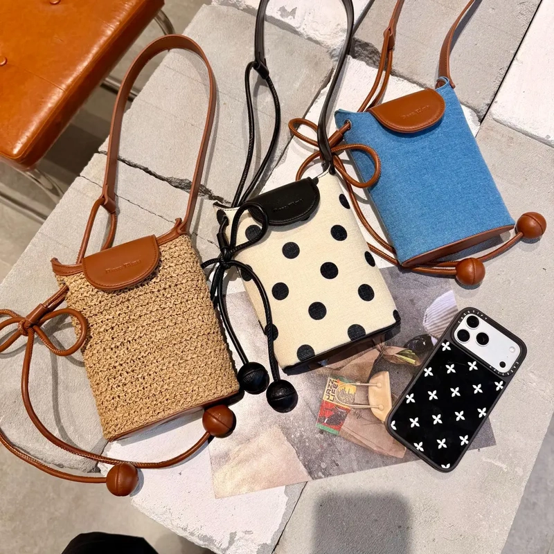 Super Popular Linen Polka Dot Phone Bag 2026 Summer Fashion Crossbody Bag Niche Design Commuter Shoulder Bag Walking Bag