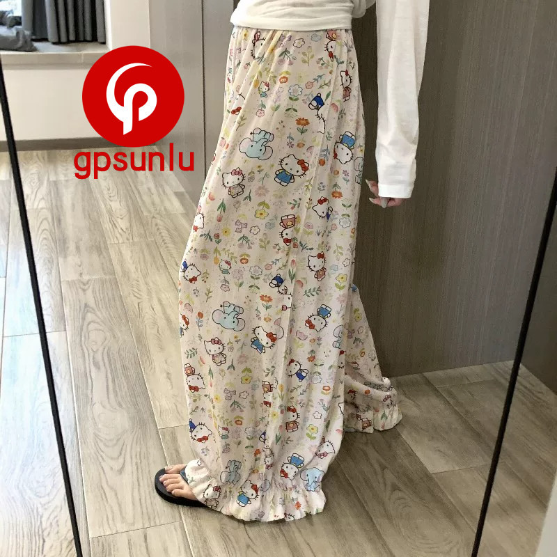 Japanese Gp Cartoon Print Pajama Pants for Women, Spring and Summer Loose Long Pants, Autumn and Winter Lazy Style, Drapey Pure Cotton, Suitable for Wearing Outside Japanese Gp Cartoon Print Pajama Pants for Women, Spring and Summer Loose Long Pants, Autumn and Winter Lazy Style, Drapey Pure Cotton, Suitable for Wearing Outside