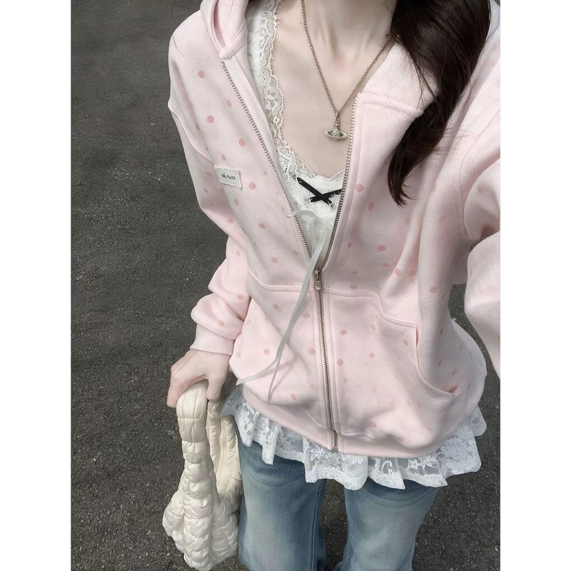 Gentle Ladylike Style Pink Polka Dot Cardigan Hooded Sweatshirt for Women, Spring, Autumn and Winter, High-End, Loose, Casual Student Jacket Gentle Ladylike Style Pink Polka Dot Cardigan Hooded Sweatshirt for Women, Spring, Autumn and Winter, High-End, Loose, Casual Student Jacket