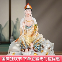 White marble Manjushri Bodhisattva sitting statue Samantabhadra Bodhisattva home Buddhist hall dedicated to the Three Saints of Huayan ornaments stone Buddha statue