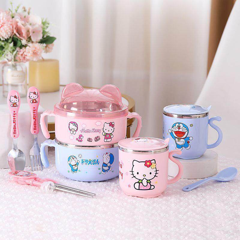304 stainless steel children's cartoon tableware bowl with cover anti-scalding and anti-fall baby eating set supplementary food bowl cup
