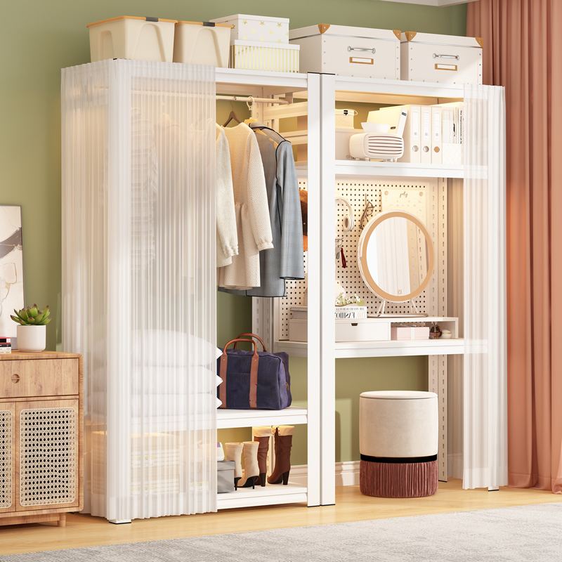 With curtain shelving wardrobe steel open clothes hanger apartment rental room Dormitory Closet accommodating shelf Multilayer-Taobao