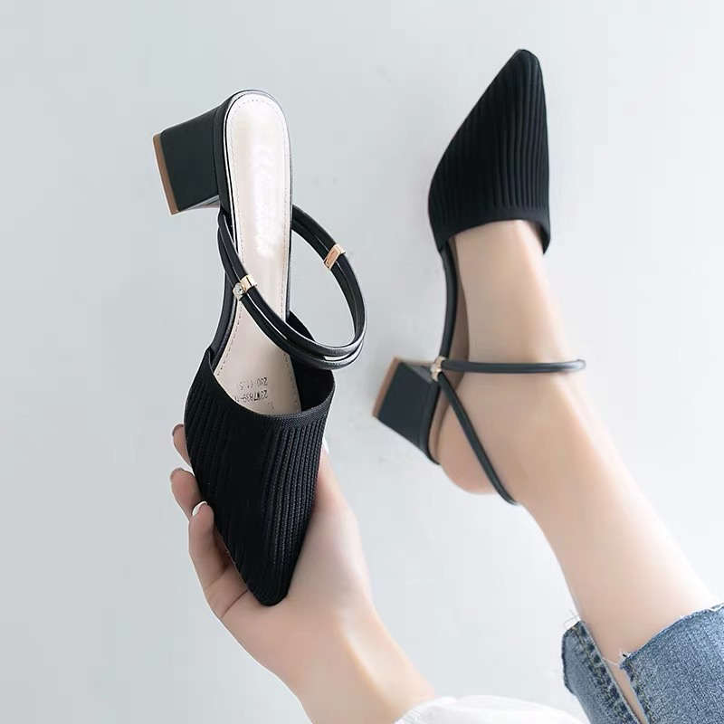 Women's Sandals, Half-Coverage, Fashionable, Versatile, Knitted, Large Size, Shallow Mouth Shoes, Summer 2025 New Style, Chunky Heel, Closed-Toe, Mid-Heel Shoes Women's Sandals, Half-Coverage, Fashionable, Versatile, Knitted, Large Size, Shallow Mouth Shoes, Summer 2025 New Style, Chunky Heel, Closed-Toe, Mid-Heel Shoes