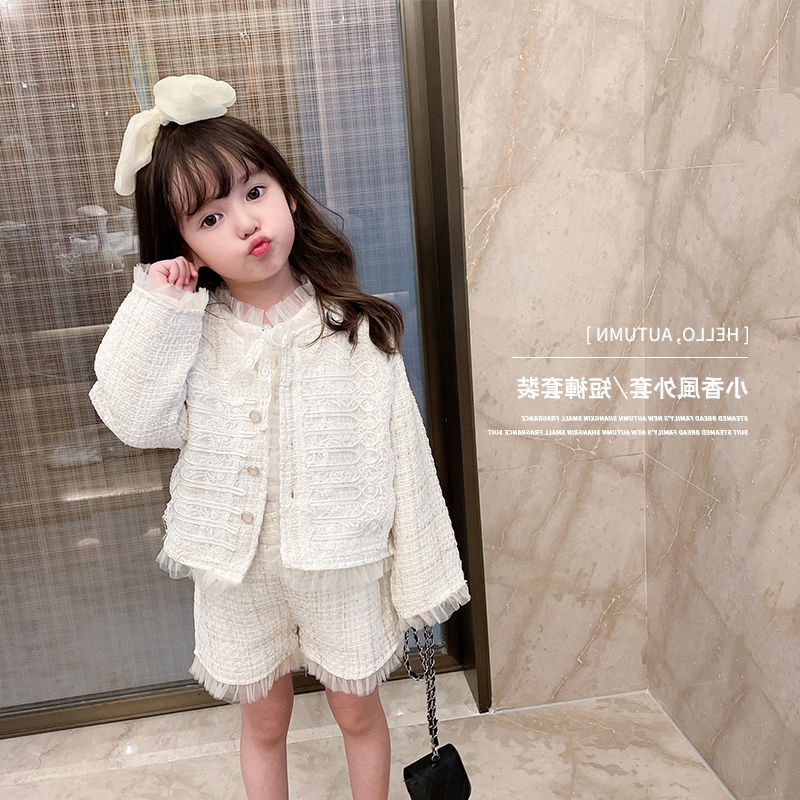 Girls suit autumn 2022 new Western style lace small fragrance jacket shorts children's baby fashionable two-piece suit