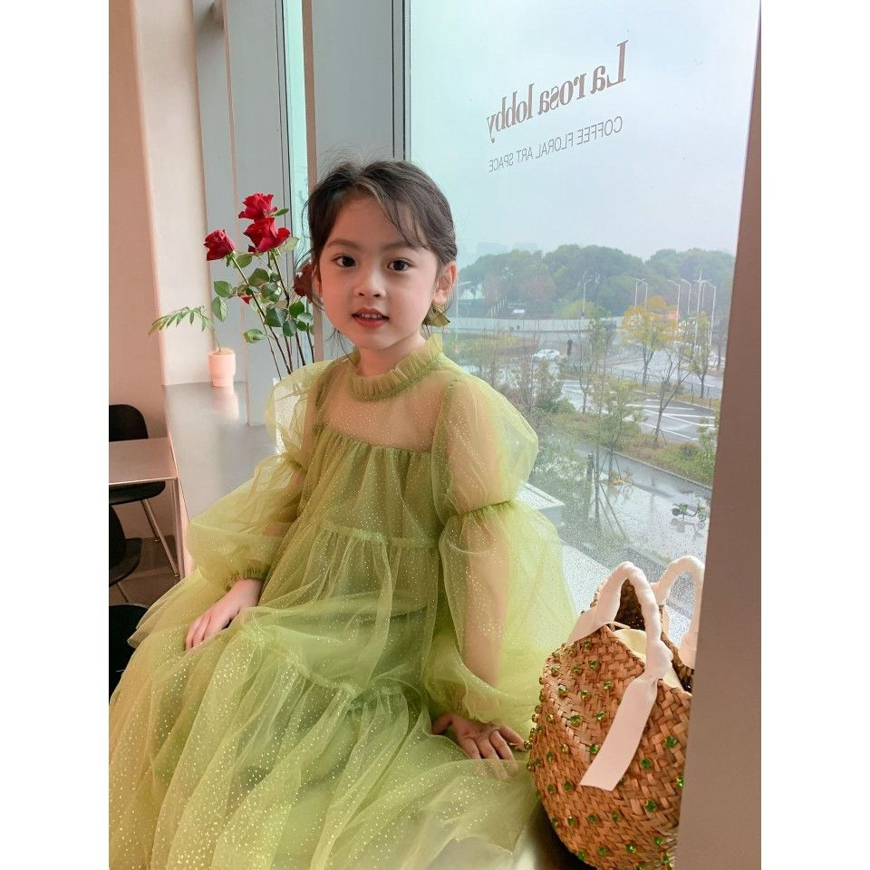 Girl Ocean Dress Spring Autumn 2022 New Foreign Pie Mesh Yarn Lace Big Boy Butter Fruits Green Pompon Princess Dress