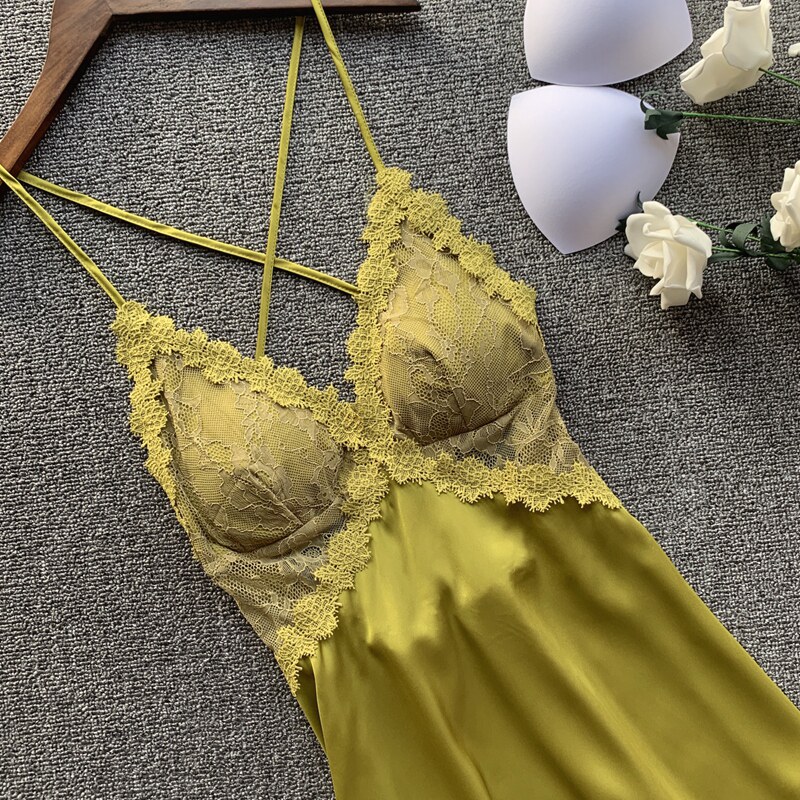Sexy pajamas women's summer thin 2022 new ice silk backless hot temptation suspenders nightdress with chest pads summer