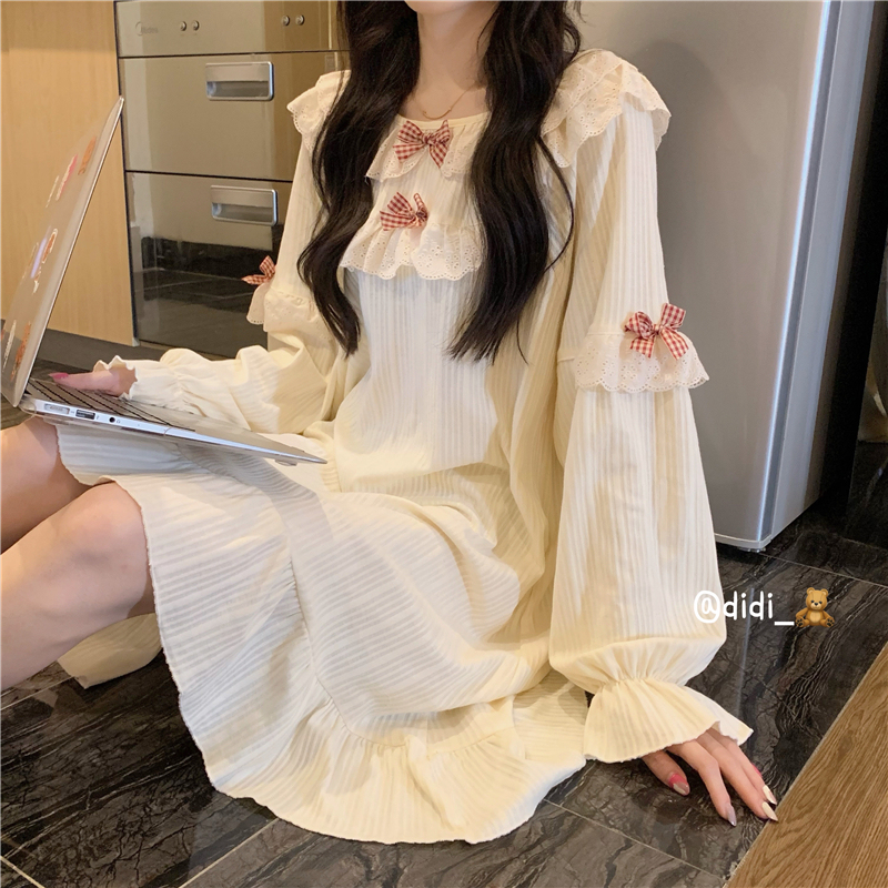 Cute Princess Style Lace Bow Pure Cotton Nightgown Long-Sleeved Pajamas for Women Spring and Autumn Home Wear Outerwear Dress for Women Cute Princess Style Lace Bow Pure Cotton Nightgown Long-Sleeved Pajamas for Women Spring and Autumn Home Wear Outerwear Dress for Women