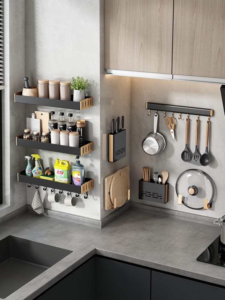 Kitchen shelf wall mounted type free punched household flavor supplies large-scale tool hanging frame multi-functional reception layer