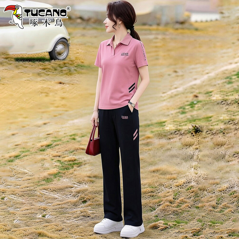 Woodpecker Ice Silk Polo Shirt Short-Sleeved Suit for Women 2026 New Summer Mom Sportswear Casual Pants Two-Piece Set