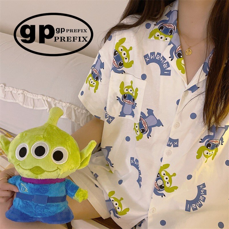 Japanese GP Pyjamas Women's Summer Three Eyes Dittzai Cartoon for Strange Couple Man Short Sleeve Pure Cotton Home Suit-Taobao