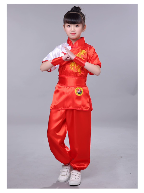 Quần áo tập võ cho bé trai và bé gái, quần áo kung fu cotton nguyên chất ngắn tay, quần áo biểu diễn Thái Cực Quyền cho trẻ em phong cách Trung Hoa