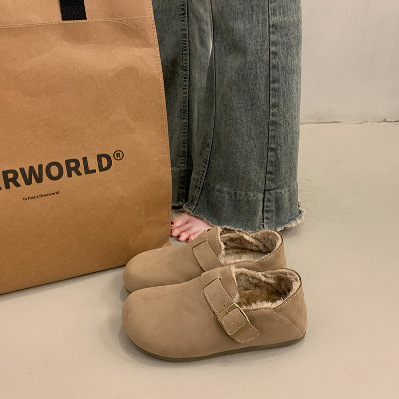 soft sole Fleece-Lined Birkenstock Shoes for Women, 2025 New Winter Genuine Leather Slip-On Loafers, Retro Full-Cover Cotton Shoes