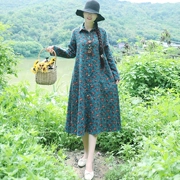 Mùa thu và mùa đông mặc mới phong cách dân tộc phụ nữ retro bông và vải lanh nhỏ hoa phần dài cộng với nhung dày chiếc áo đan len váy thủy triều