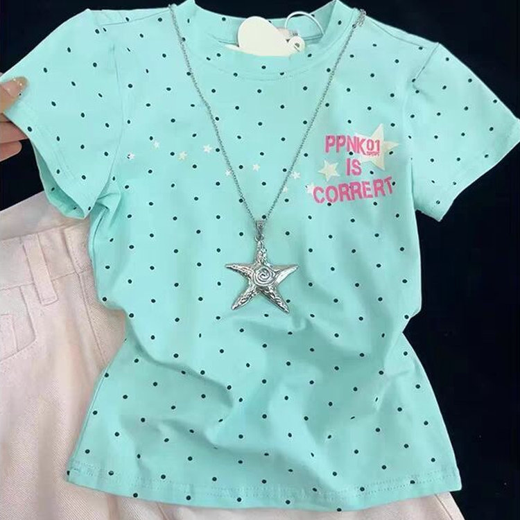 Dopamine Wave Dot Star Letter Short-Sleeve T-Shirt for Girls, Summer High-End Slim-Fit Stylish Top