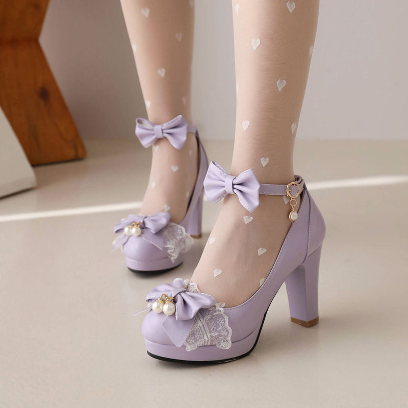 Soft Girl Lolita Shoes Purple High Heels Women's 2024 New Style Single Shoes Women's Fashion Simple Lo Shoes Lolita Shoes