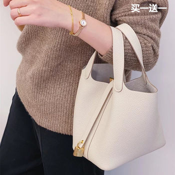   H Family All-Work Sewn Vegetable Basket Bag 18/22 French Rc Factory Litchi Pattern Tc Large Cowhide Satchel Bucket Bag for Women