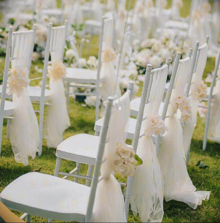 Beautiful white mesh check-in table layout outdoor wedding banquet decoration yarn dress up European-style live stool chair back