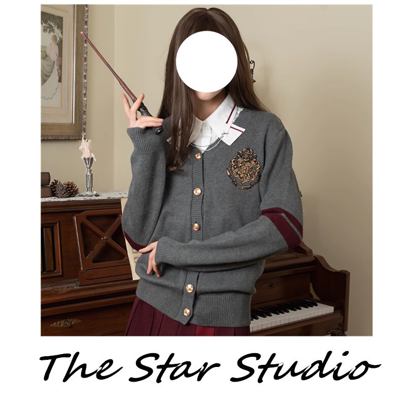 French Retro Gray Harry Potter Hogwarts Embroidered Badge Long-Sleeved Sweater Cardigan for Women Japanese Style Jk Uniform