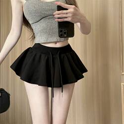 Solid Color Drawstring Skirt, Sexy Hot Girl Elastic Waist Fashion A-Line Skirt, Women's Retro Anti-Exposure Puffy Skirt, Short Skirt
