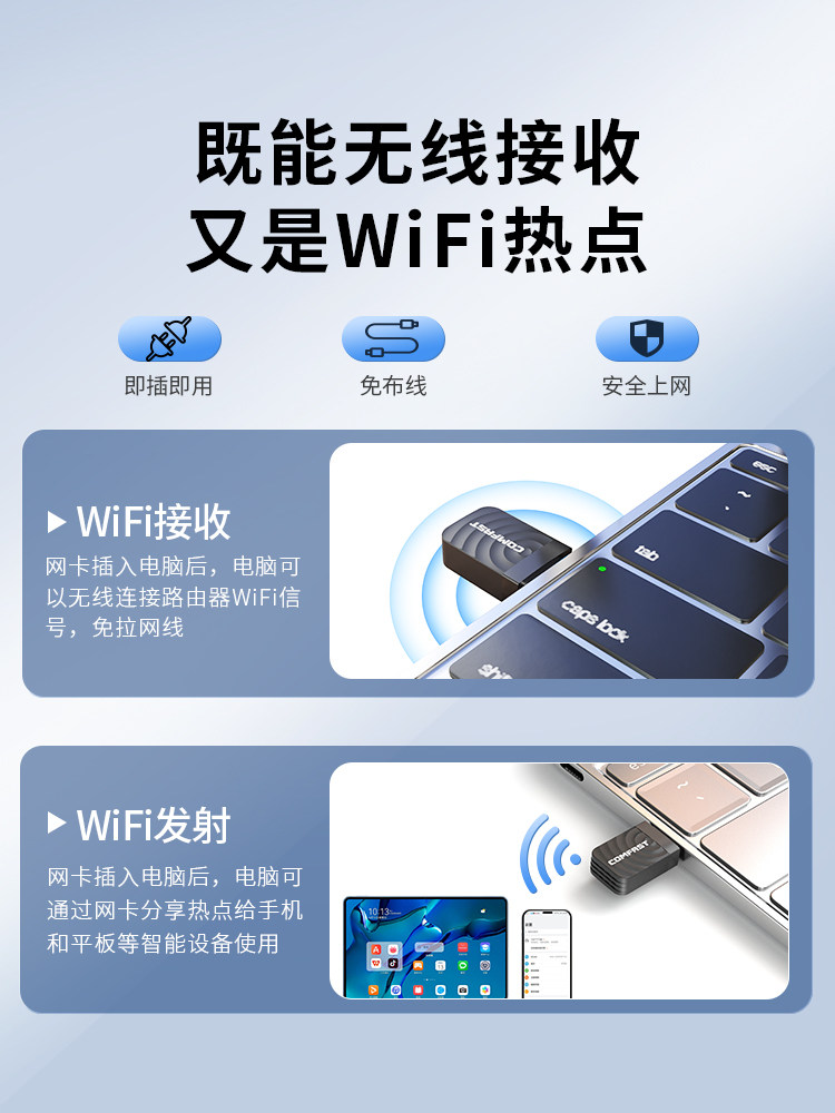 Comfast Driver-Free USB Wireless Network Card Desktop Laptop Wifi Receiver 5g Dual-Band Portable Wifi Gigabit Wireless Network Signal Receiver Cf-812Ac