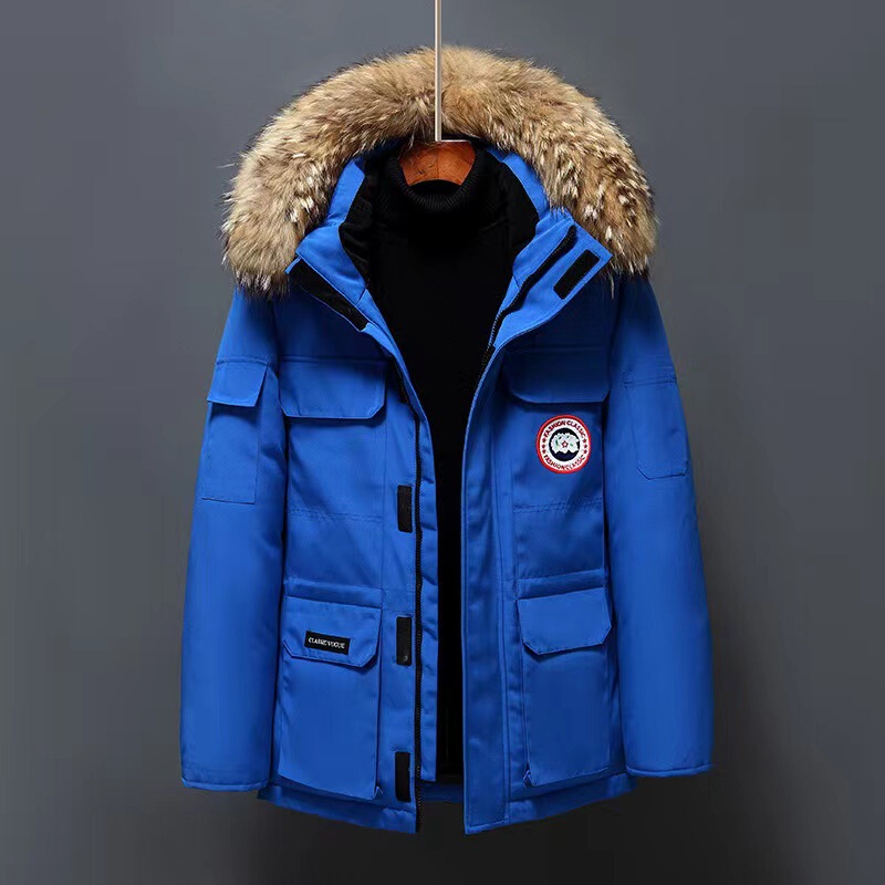 Fur Collar down Jacket for Men and Women, Couple Style, Blue Stand Collar, Thickened and Warm Parka Winter Coat