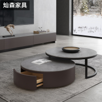 Retractable round rock board high and low coffee table multifunctional small apartment simple modern Nordic paint TV cabinet combination