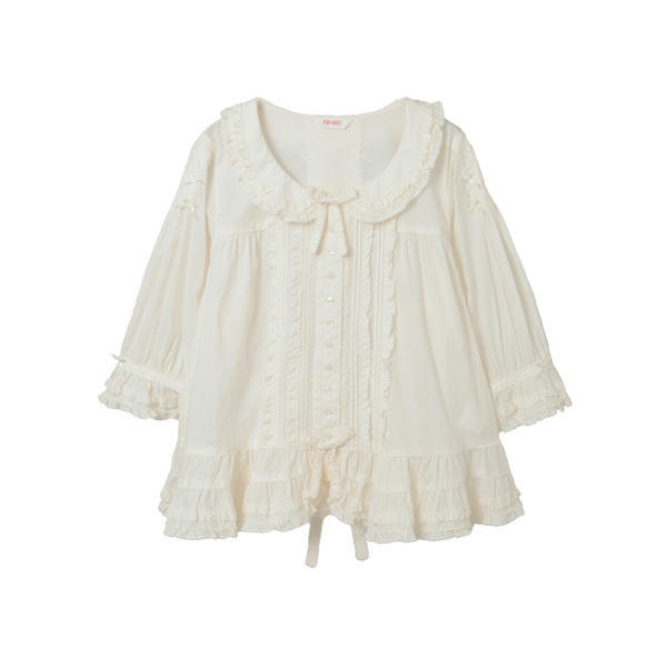 【 20% off 】Pinkhouse Sweet Solid Color Doll Collar Bow Lace Mid-Sleeve Shirt