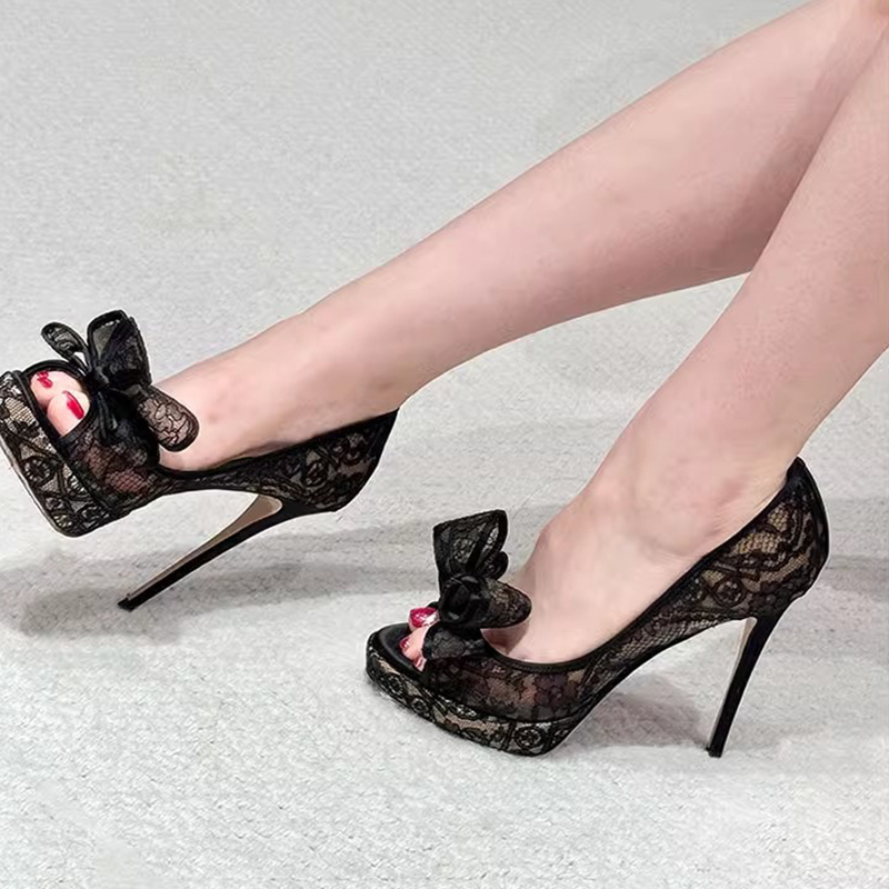 2025 New Style French Lace Bow High Heels Women's Stiletto Sexy Hollow Mesh Open-Toe Black Shoes