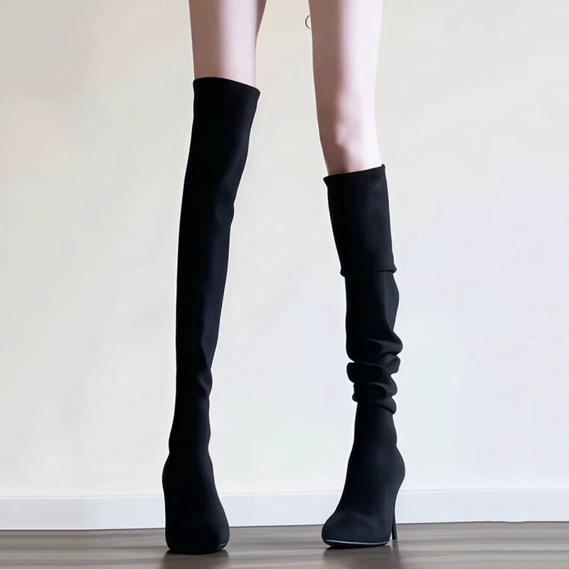 Soft Leather Version~~ Korean Style Black Over-The-Knee Sock Boots for Women, Spring and Autumn, Stiletto High Heels, Slim Boots, Stiletto Long Boots, Slimming Boots Soft Leather Version~~ Korean Style Black Over-The-Knee Sock Boots for Women, Spring and Autumn, Stiletto High Heels, Slim Boots, Stiletto Long Boots, Slimming Boots