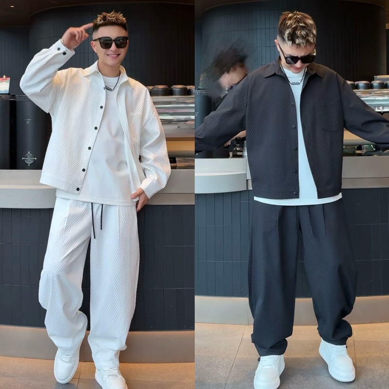 Spring and Summer New Style Seersucker Twill Casual Men's Suit with Turtle Back Design, Lightweight Shirt, Wide-Leg Trousers