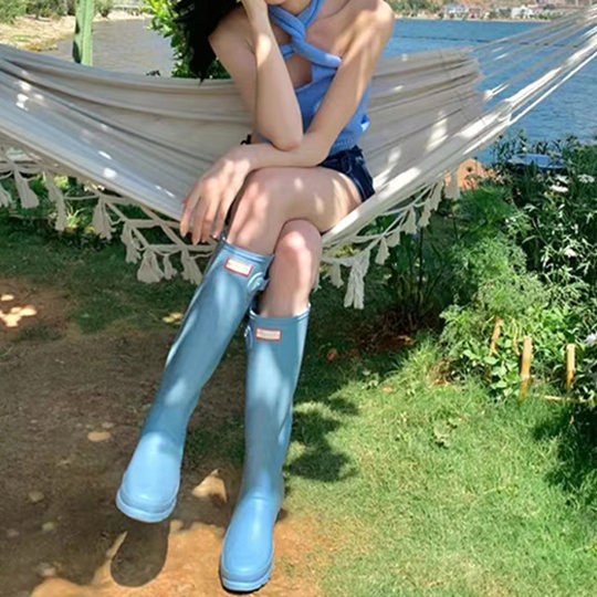 易梦玲同款红色雨靴女英国骑士靴2025新款高筒百搭时尚款外穿雨鞋