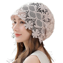 Lace Hat Womens Spring and Autumn New Fashion Thin Flower Baotou Hat Hollow Hook-Up Hat Breathable Gray Hair Covering Hat