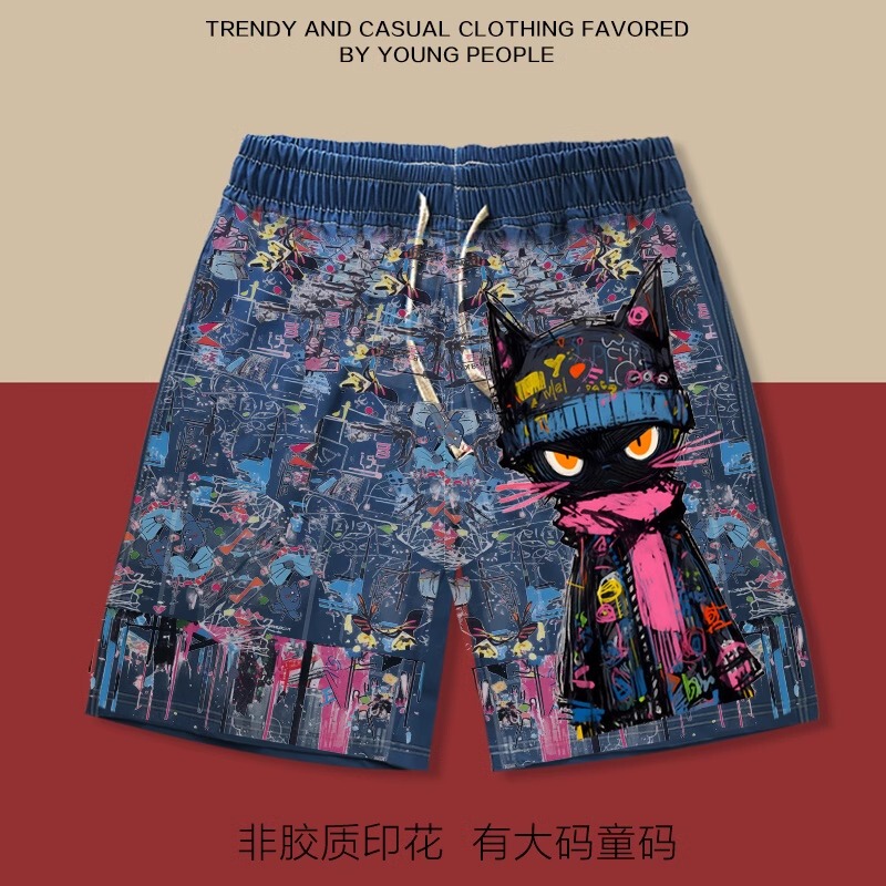 American-Style Graffiti Cat Dopamine Shorts for Men and Women, Printed Cartoon Summer Loose Casual Beach Shorts, Plus-Size Five-Point Shorts