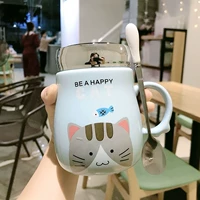 Синий кот-рыбоед с крышкой + керамическая ложка