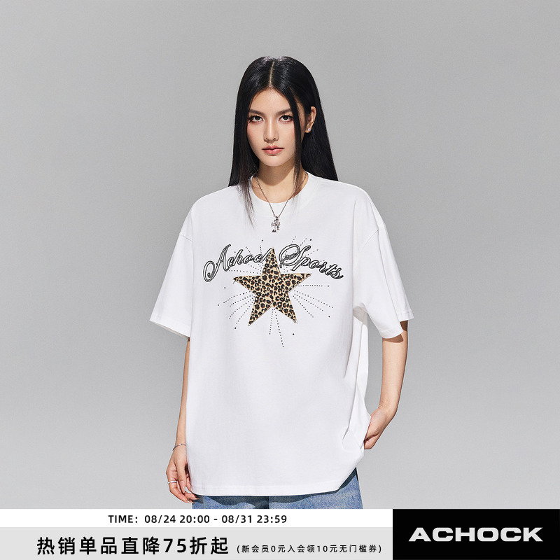 【Achock Official Store】Trendy Retro Leopard Print Star Patch Embroidered Rhinestone Round Neck T-Shirt Short Sleeve Top for Men