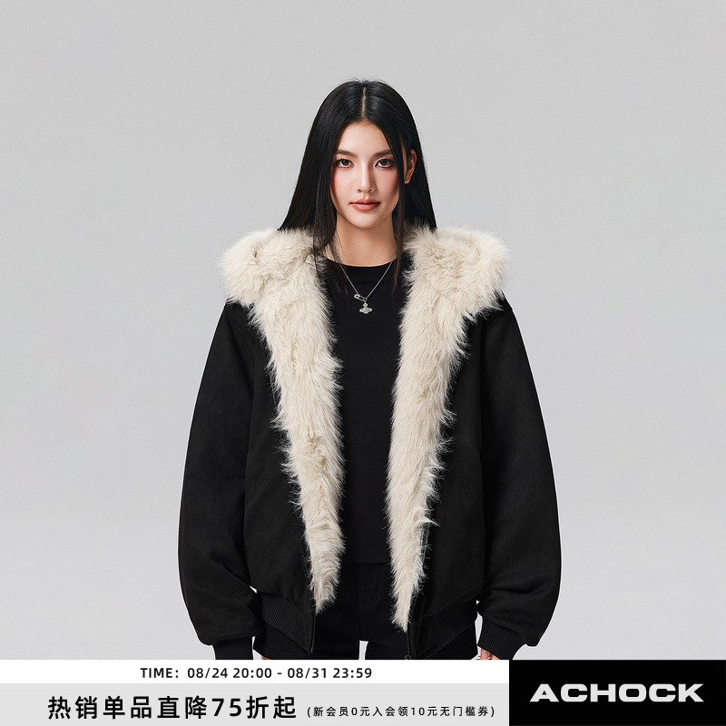 【Achock Official Store】Suede Thickened Warm Fur Collar Mountain Carving Cotton Jacket Heavy Cotton Coat Windproof Outerwear for Men