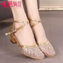 Baotou Latin dance shoes for women adult medium heels flat heels outdoor golden summer sandals womens shoes social square dance shoes