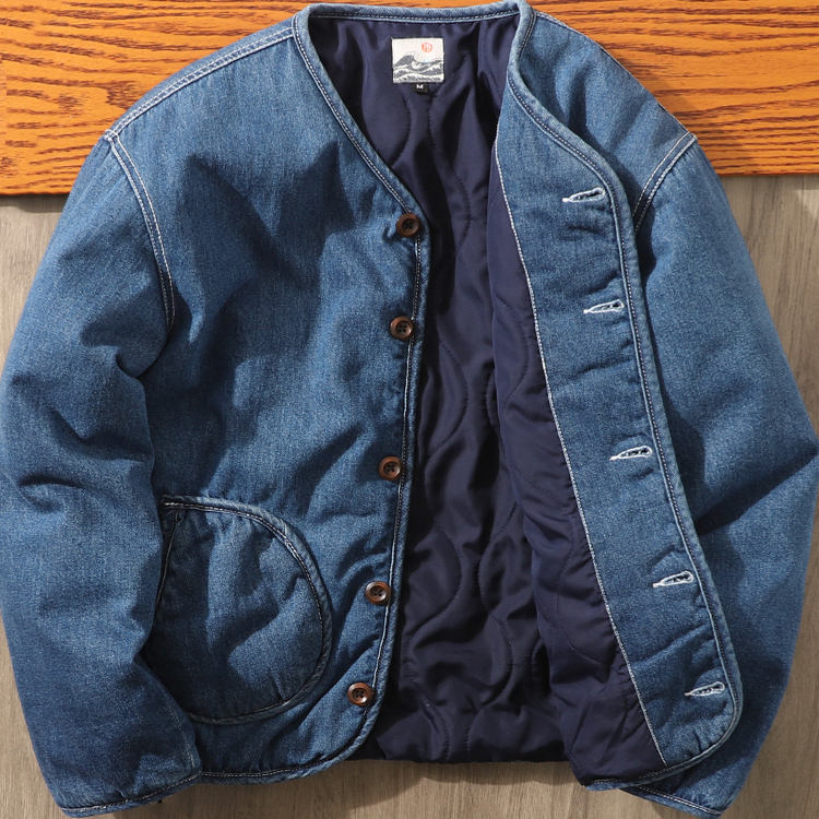 Japanese Style Niche! Autumn and Winter Pure Cotton Washed Denim Cotton Jacket for Men, Quilted, Warm, Hemmed, Collarless Cotton Coat