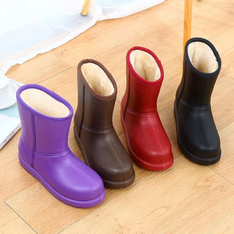With rain boots non-slip warm waterproof shoes EVA integrated car wash kitchen water boots in the tube cotton rubber shoes overshoes women