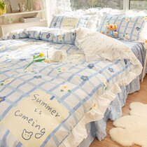ins Han style pure cotton bed with four sets 100 full cotton princess wind bed skirt woman three sets bed sheet bed hat