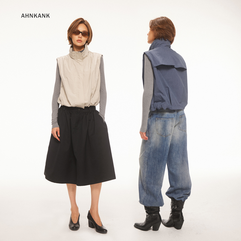 Ahnkank New Autum Style Adjustable Hem Stand Collar Short Fashionable Sleeveless Vest Casual Jacket for Women Ahnkank New Autum Style Adjustable Hem Stand Collar Short Fashionable Sleeveless Vest Casual Jacket for Women