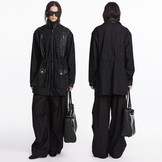 LYUOCHENG 复古休闲原牛拼接皮革休闲立领风衣牛仔外套