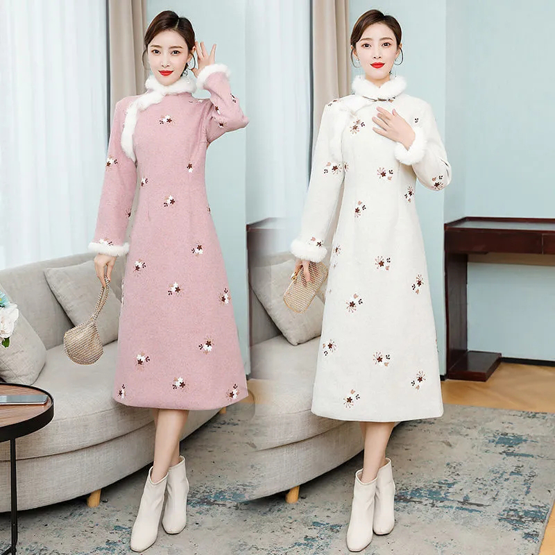 Demi-season warm ethnic retro cheongsam, long dress, ethnic style, Korean style, mid-length