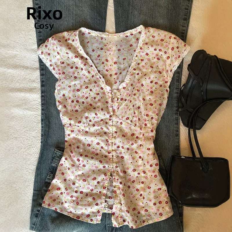 Стильный облегающий тонкий топ без рукавов RIXO COSY, V-образный вырез, цветочный принт